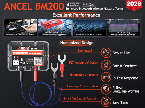 ANCEL BM200 12V Car Battery Tester, Bluetooth 4.2 Automotive Battery Monitor Auto Load Analyzer
