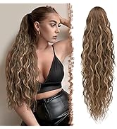 FESHFEN Long Ponytail Extensions, 26 inch Drawstring Curly Wavy Clip in Ponytails Hairpieces Synt...