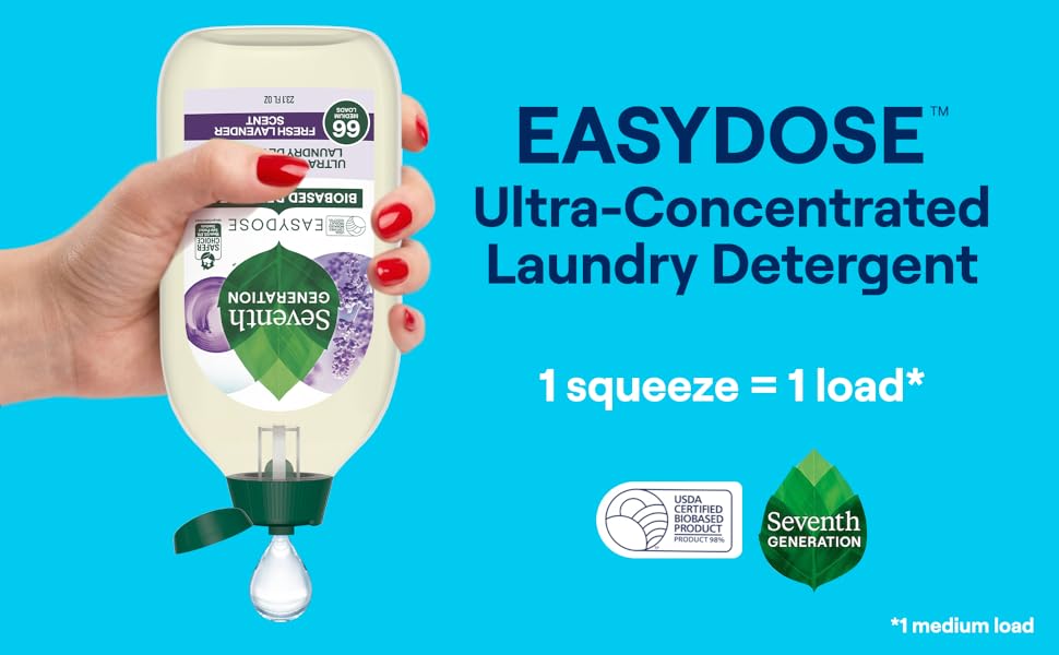 Seventh Generation EasyDose lavender laundry detergent with squeeze dosing for cleaning power.
