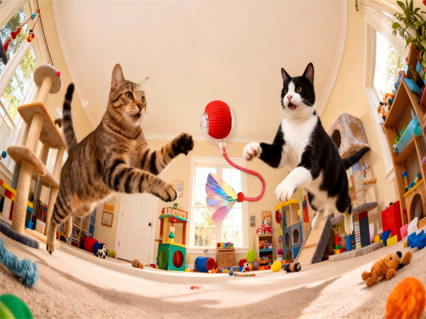 Fisheye view of two cats jumping and playing with red toy ball in colorful cat room