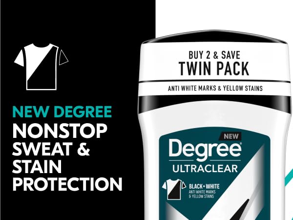 Top half of stick deodorant tube and New Degree text against a white and dark background.
