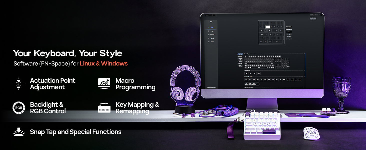 Text reads 'Your Keyboard, Your Style'. Dark-themed computer interface or software display with purple accent lighting and keyboard customization options.