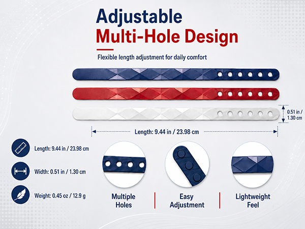 Multi-hole adjustable anti-static wristband dimensions: 9.44in length, 0.51in width