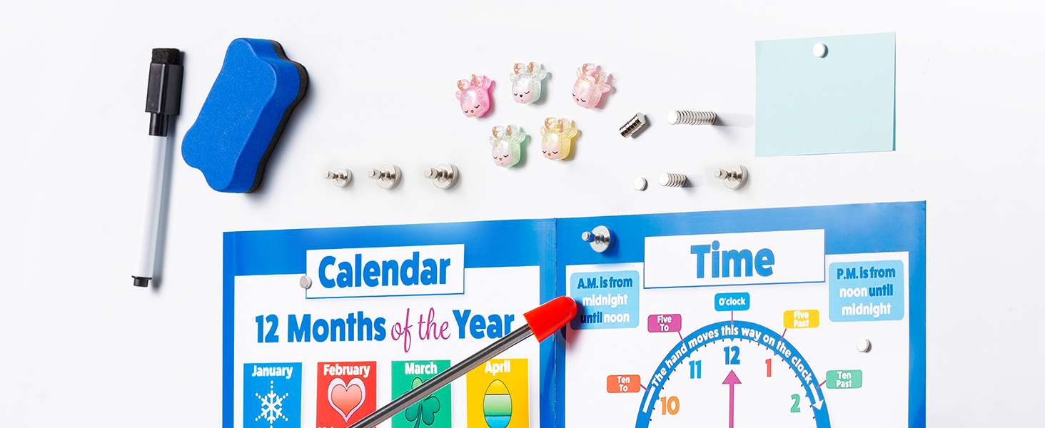 Educational time and calendar learning set with blue calendar board, clock face, marker, and decorative accessories.