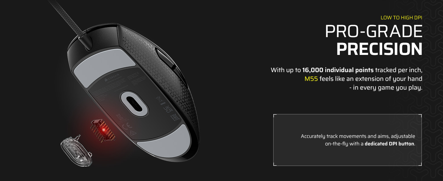 16k DPI optical sensor; PTFE mouse feet; DPI button; low to high DPI; precision mouse