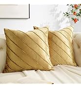 GIGIZAZA Decorative Velvet Pillow Covers 18x18, Set of 2 Gold Sofa Couch Throw Pillows Covers Cas...
