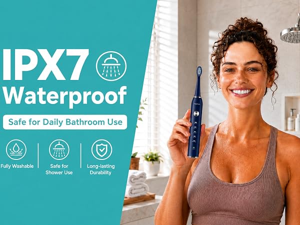 Text reads 'IPX7 Waterproof' and 'Safe for Daily Bathroom Use' with icons for water resistance, wireless, and durability. Woman in bathroom holding blue electric toothbrush, smiling at camera near sink.