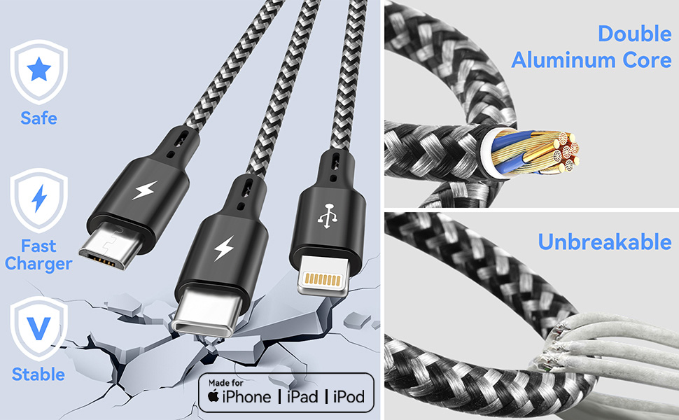 Double aluminum cor fast charger cable Universal USB Cable travel charger