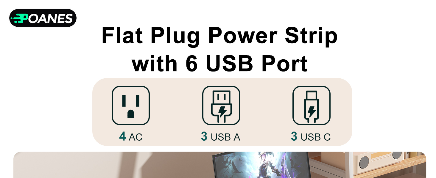 10 in 1 Flat Plug Power Strip 4 AC Outlet and 3 USB A and 3 USB C