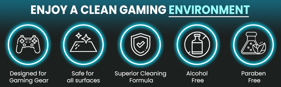 Alcohol-free gaming wipes, safe for all surfaces, paraben-free, designed for gaming gear