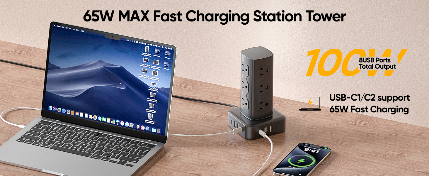 Tower Power Strip Surge Protector, Charging Station Tower