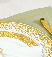 150 Count Gold Dinnerware Set, Elegant Plastic Plates Disposable Include: 25 Gold Lace Plastic Pl...