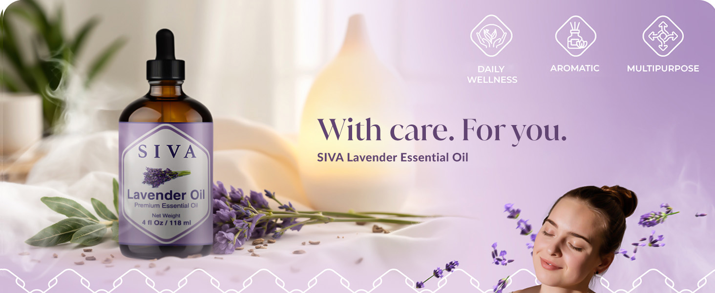 A 4 ounce amber glass bottle of SIVA Lavender essential oil being used for aromatherapy in diffuser