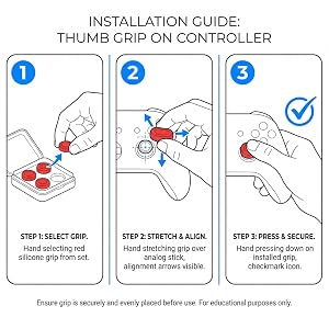 Three step installation guide showing how to install thumb grip on controller analog stick