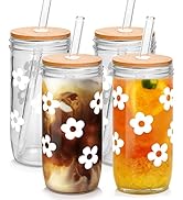 ANOTION Cute Glass Cups with Lids and Straws, Mason Jars with Flower Design, Bamboo Lid, Iced Cof...
