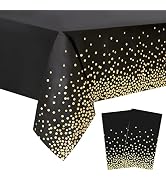 2 Packaging Black and Gold Plastic Tablecloth, 54 inch x108 inch Rectangular Disposable dot Party...