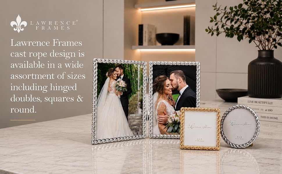 Rope design picture frames ranging from gold, silver, and brushed nickel