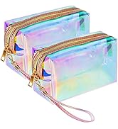 HRX Package Clear Iridescent Holographic Makeup Bag, 2pcs Travel Cosmetic Pouches with Zipper Toi...