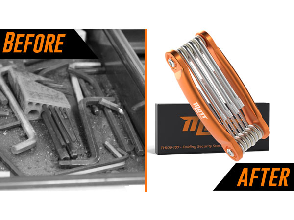 Comparison of disorganized tools before and compact folding torx set after for organization.