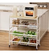 Cinati 4-Tier Utility Kitchen Cart with Wood Top, 29" L Kitchen Storage Cart with 8 Baskets & Han...