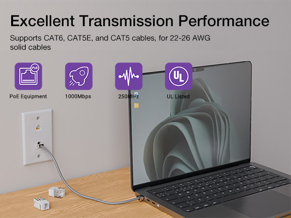 keyston jacks support PoE, cat6 cat5e cat5 cables for 22-26AWG soild cables
