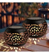 Solar Table Lanterns Outdoor Waterproof - 2 Pack LED Lamp Black Metal Tabletop Light Solar Powere...