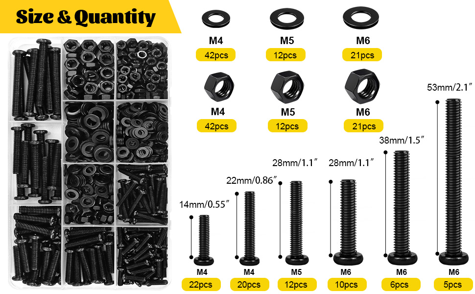 m4 m5 m6 black bolt set size & quantity