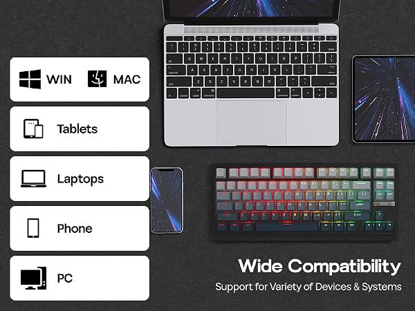 Text reads 'Wide Compatibility' with icons for Tablets, Laptops, Phone, and PC. Technical diagram showing device compatibility across multiple systems.