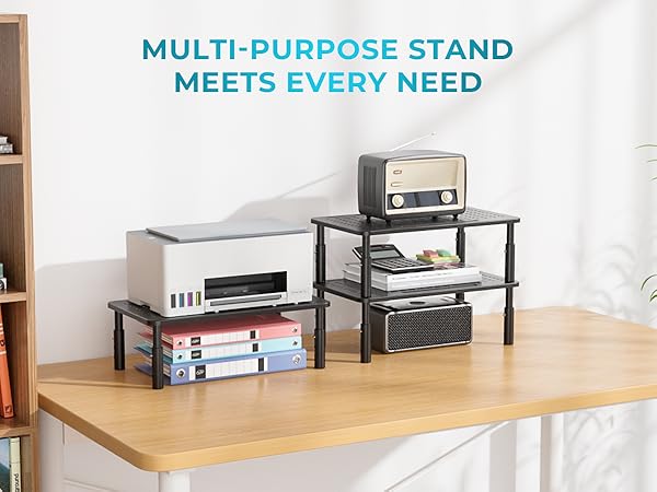 Text reads 'MULTI-PURPOSE STAND MEETS EVERY NEED'. Shows wooden TV stand/entertainment center in different room settings with various electronics displayed.