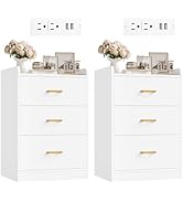 FOTOSOK Nightstands Set of 2 with Charging Station, 3 Drawer Nightstand with Gold Handles, White ...