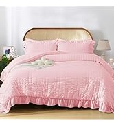 JOLLYVOGUE Pink Seersucker Queen Comforter Set, 3 Pieces Bed in a Bag Comforter Set, Lightweight ...