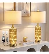 Oneach 24.5" Bedside Table Lamps Set of 2, Amber Glass Nightstand Lamps with USB A+C Charging Por...