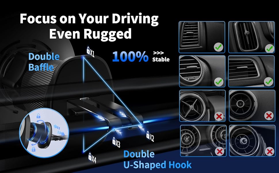 Car vent phone mount advertisement showing double baffle and U-shaped hook features, with compatibility grid displaying various car vent styles.