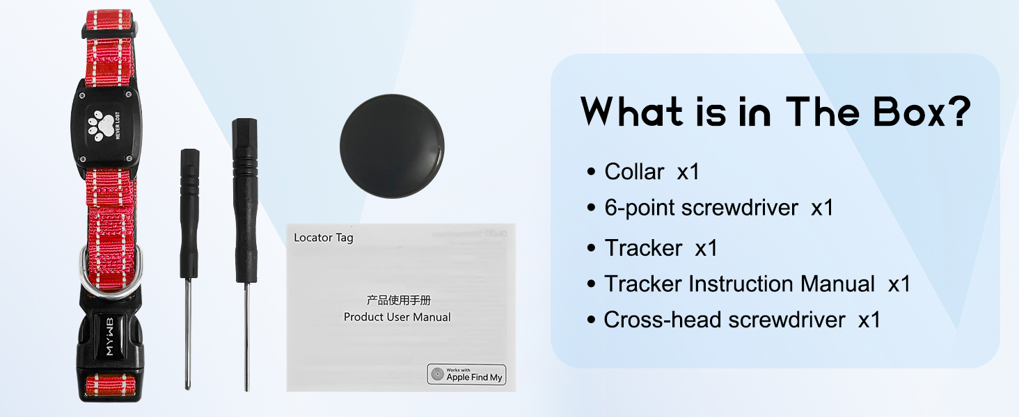 MYIWB Dog Collar Box Contents: Collar, Tracker, Screwdrivers, Manual