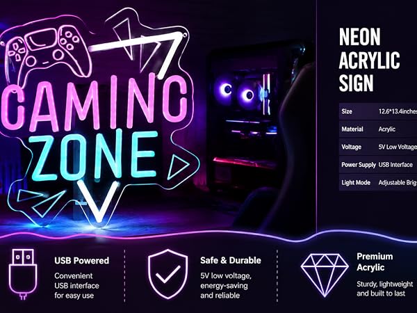 Gaming Zone Neon Sign Game for Wall Decor
