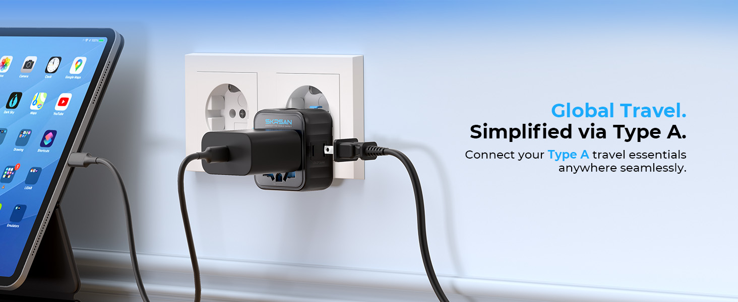SKRSAN Aura International Travel Adapter, 36mm Ultra-Slim 6-in-1 Universal Wall Charger