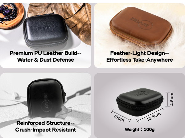 Text reads 'Water & Dust Defense', 'Premium PU Leather Build', 'Feather-Light Design', 'Reinforced Structure', 'Crush-Impact Resistant', 'Effortless Take-Anywhere'. Product feature callouts for a protective case.