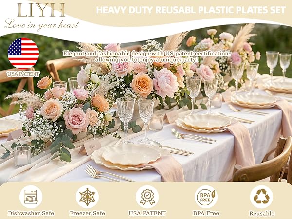 24pcs Beige Plastic Reusable Plates