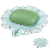 AHANDMAKER Ceramic Self Draining Soap Dish, Aqua Lotus Leaf Ceramic Soap Dish Soap Holder, Waterf...
