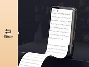 E-reader device displaying text on a flexible, rollable screen. Device shown partially unrolled against a dark background.