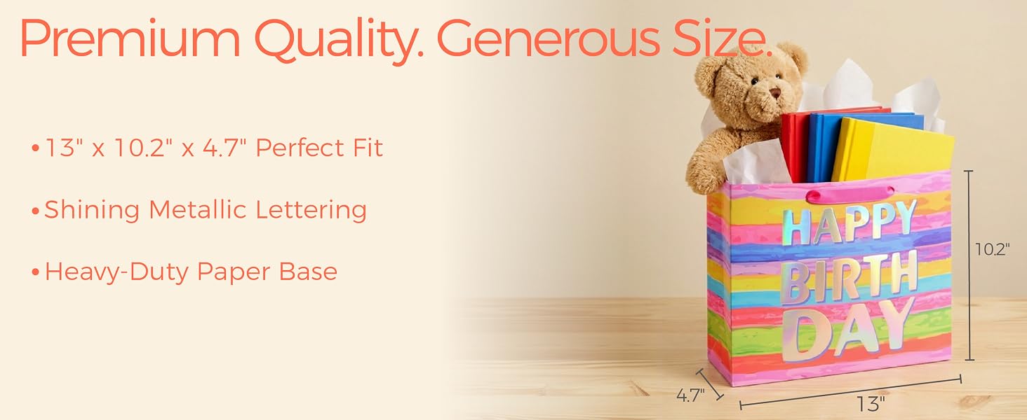 SUNCOLOR Large Happy Birthday Gift Bag with Tissue Paper & Card, 13 x 10.2 x 4.7 Inches