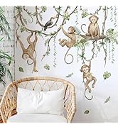 3D Cartoon Monkeys Climbing Tree Vines Wall Stickers - Removable Watercolor Style Peel & Stick Wa...