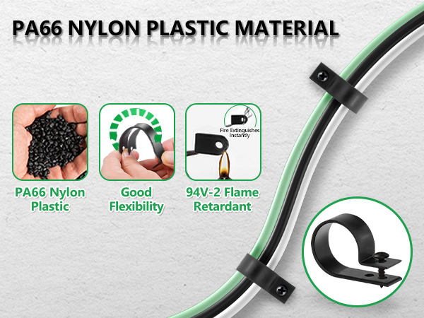 PA66 nylon plastic material showcase with three feature icons highlighting nylon plastic composition, flexibility, and 94V-2 flame retardant properties