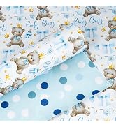 Yarcony Bear Baby Shower Wrapping Paper, Baby Boy Wrapping Paper, Reversible Watercolor Blue Bear...