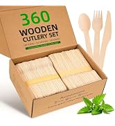 FEHHTO Wooden Disposable Utensils Set, 360 PCS Compostable Wooden Cutlery (120 Forks, 120 Spoons ...