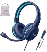 SIMOLIO Wired Kid Headphones for School w/USB-C to 3.5mm Dongle & Boom Mic | Stereo Over-Ear Gami...