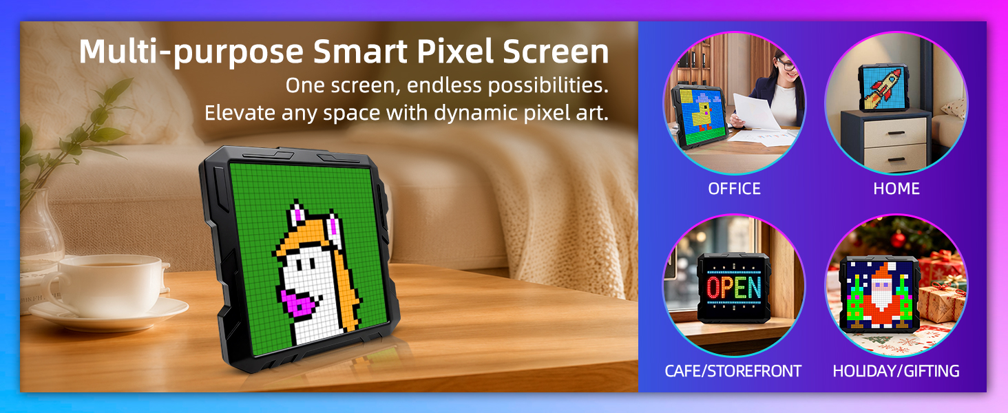 Text reads 'Multi-purpose Smart Pixel Screen'. Purple banner showing mobile phone displaying colorful pixel art display alongside three product size/version options for smart screen device.