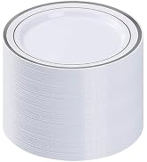 BESTVIP 100PCS Silver Plastic Plates, 10.25 Inch Disposable Dinner Plate Party with Silver Rim fo...