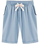 FABEILAI Women's Knee-Length Bermuda Casual Shorts with Elastic Waist Drawstring