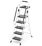 KINGRACK Sturdy Steel 5 Step Ladder, Folding Step Stool with Handrail, Anti-Slip Wide Pedals, Saf...